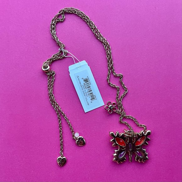 NWT Betsey Johnson Love Fest Rhinestone Butterfly Necklace Rainbow Multi - Picture 4 of 7